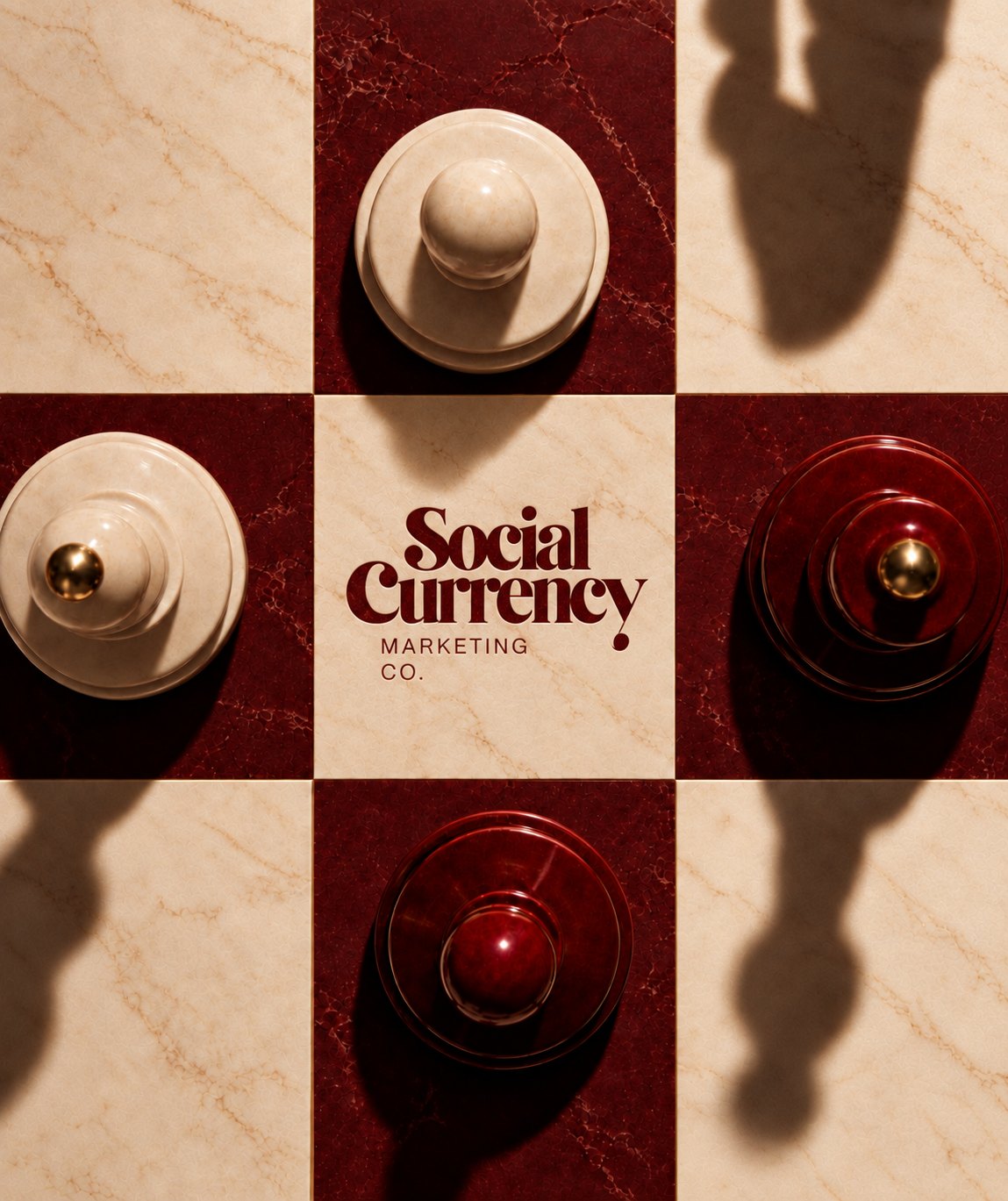 A marble chessboard in cream and brand red with the Social Currency Marketing Co. mark at the centre.